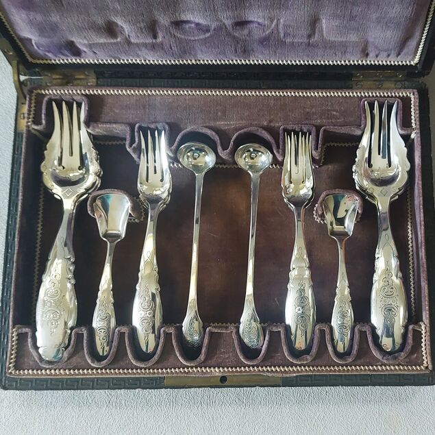Nederlands zilveren zuurbestek in etui uit 1877
